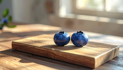 Two ripe blueberries with water droplets resting on a rustic wooden cutting board with soft natural light streaming in from a window in the background