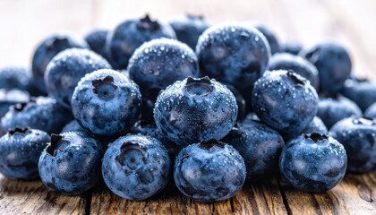 A heap of fresh ripe blueberries on a rustic wooden background, covered with tiny water droplets that highlight their juicy texture.