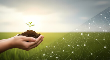 A person's hands delicately cradle a small seedling with soil, symbolizing growth and environmental consciousness against a blurred green field.