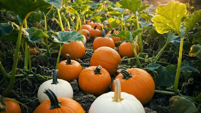 A smooth cinematic dolly shot glides forward through a dense pumpkin patch, revealing an abundance of various orange and white gourds nestled among lush green leaves farming, outdoor, tracking shot