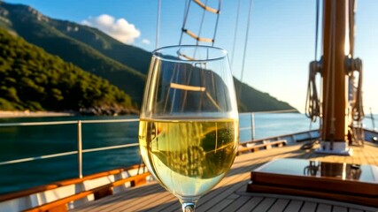 Glass of white wine on a sailboat deck with scenic coastal background