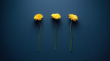 Bright yellow gerbera flowers arranged simply against a deep blue backdrop, evoking spring freshness.