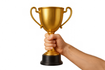 Hand holding golden trophy cup, celebrating victory, success, achievement, and championship with a prize award