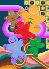 Retro 70s Background with Gingerbread Man Christmas Cookie. Groovy Bakery 1970s art template. Minimalistic Vintage design poster. Old-fashioned color artwork.