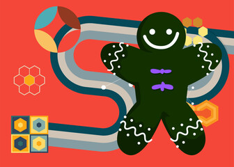 Retro 70s Background with Gingerbread Man Christmas Cookie. Groovy Bakery 1970s art template. Minimalistic Vintage design poster. Old-fashioned color artwork.