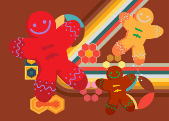 Retro 70s Background with Gingerbread Man Christmas Cookie. Groovy Bakery 1970s art template. Minimalistic Vintage design poster. Old-fashioned color artwork.