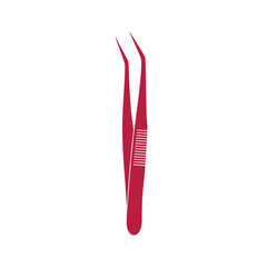 Red surgical tweezers with serrated grip on white background medical instrument