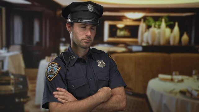 Young hispanic man police officer with arms crossed at a restaurant building, badge visible and radio on shoulder, standing by tables and vases; duty calm.