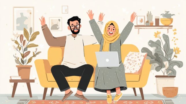 happy family arabian man and muslim woman in hijab sitting on the sofa in the living room happily raising their hands up celebrating winning success or good news using laptop no logos no brands ar 16