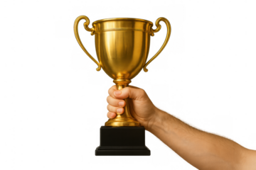 Hand holding golden trophy, winning award for achievement, success, and championship, transparent background