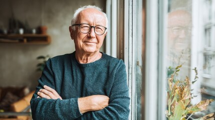 portrait of happy retired senior man standing at home near window satisfied old man looking at camera and smiling while standing near the window positive and confident elderly enjoy his retirement no