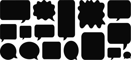 Blank speech bubble silhouettes, black comic chat balloons, empty dialogue shapes for messages, conversation design elements and storytelling graphics