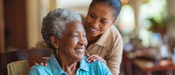 African American senior receiving personal care assistance in nursing home with caregiver support. Elder care long term healthcare services and compassionate professional assisted living facility.