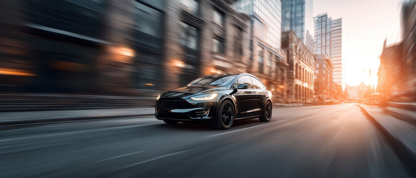 Electric vehicle accelerating silently through modern city street at golden hour with motion blur showing instant acceleration urban energy and performance for dynamic EV driving capability concept.