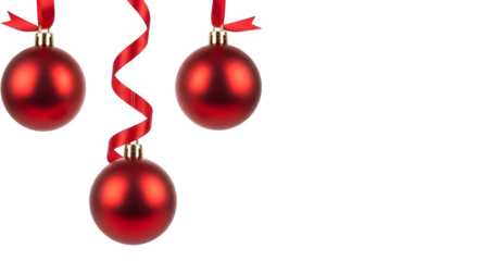 decoration, red hanging christmas balls decoration with gift ribbon band isolated on white or transparent png, background, wallpaper