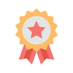 A gold award badge with a red star and ribbons against