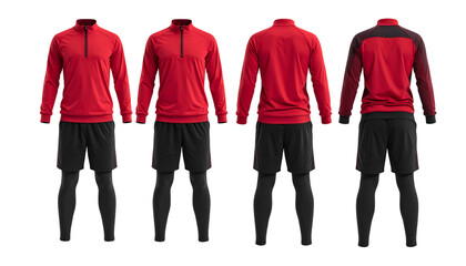 Red top, black shorts, leggings