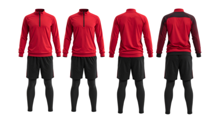 Red top, black shorts, leggings