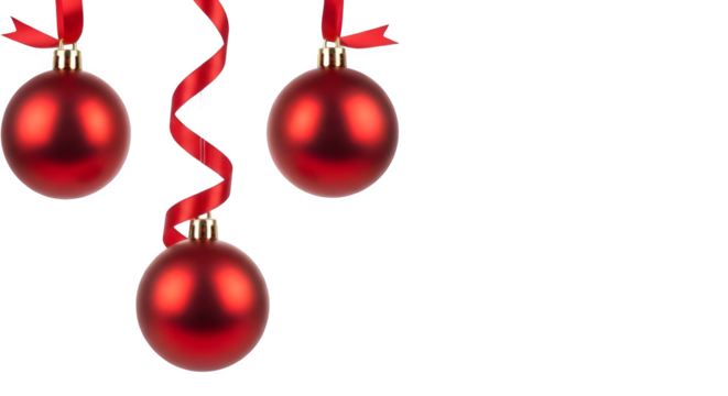 decoration, red hanging christmas balls decoration with gift ribbon band isolated on white or transparent png, background, wallpaper