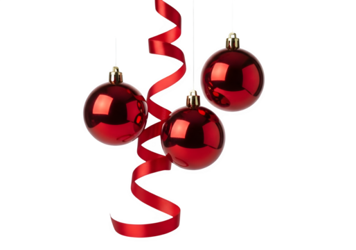 decoration, red hanging christmas balls decoration with gift ribbon band isolated on white or transparent png, background, wallpaper