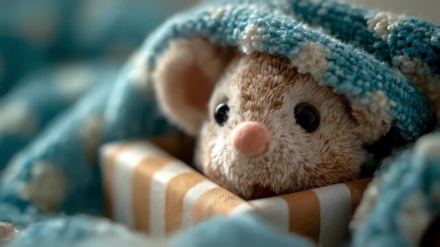 A cozy plush mouse soft toy cute gift striped box with teal blanket warm lighting fluffy texture home interior holiday present surprise moment wrap tender mood playful charm bedtime comfort child r