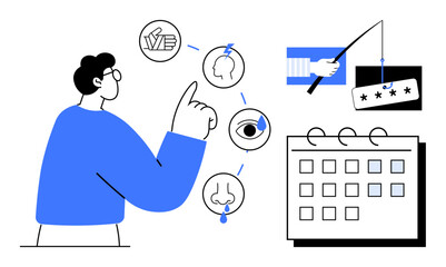 Man pointing at visual icons, representing senses and security interaction. Calendar with marked dates. Ideal for education, planning, cyber security, personal growth, awareness, time management