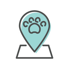 A light blue location marker with a paw print icon The marker rests on a gray base The paw print is black