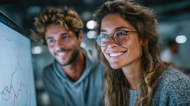 A young couple analyzes a savings graph on a large screen in a modern setting.