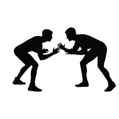 Silhouette of Two Male Wrestlers in Starting Stance, Ready for Grappling and Combat Sports, Isolated on White Background.