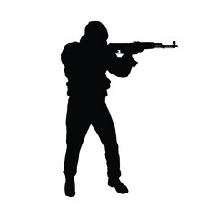 Silhouette of Soldier or Special Forces Operator Aiming Assault Rifle, Ready for Combat Action, Isolated on White