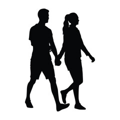 Silhouette of Young Couple Walking Together Hand in Hand, Representing Love, Leisure, and Relationship, Isolated on White