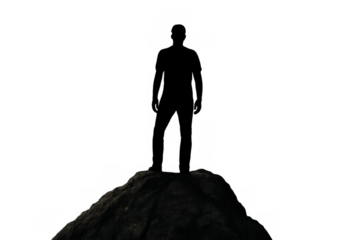 Man silhouette standing on rock summit, reaching peak of achievement and success, transparent background