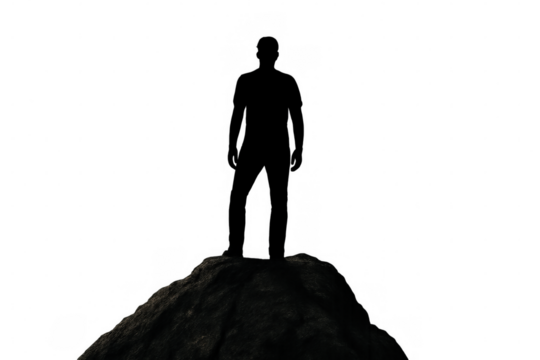 Man silhouette standing on rock summit, reaching peak of achievement and success, transparent background