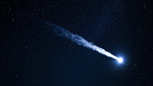 Bright comet streaking across a dark night sky with visible stars
