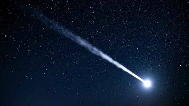 Bright comet streaking across a starry night sky illuminated in deep space