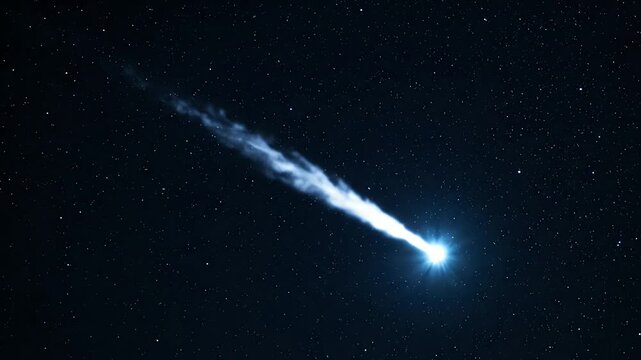 Bright comet streaking across dark night sky with illuminated tail