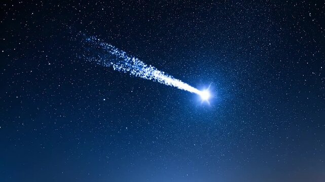 Bright comet streaking across dark night sky with starfield background