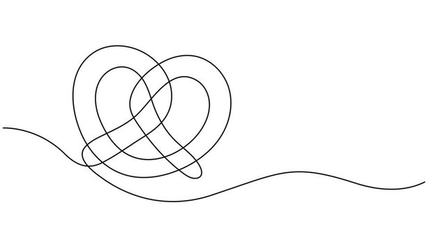 Animated self drawing of single one line drawing pretzels are stacked, Full length one line animation illustration for bakery and pastry store.