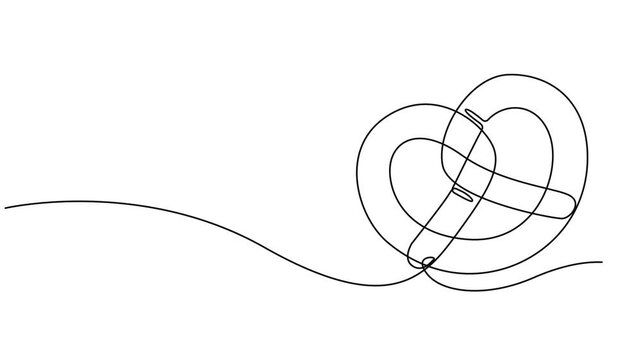 Animated self drawing of single one line drawing pretzels are stacked, Full length one line animation illustration for bakery and pastry store.