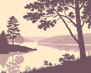 Serene lakeside landscape with trees and reflections at dusk, peaceful scene