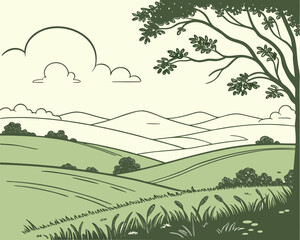 Obraz premium Scenic countryside landscape illustration with rolling hills and a large tree