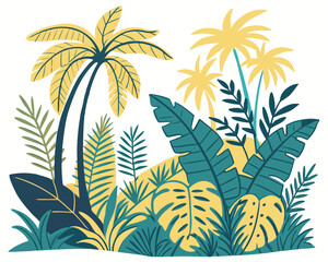 Lush tropical foliage with palm trees and vibrant leaves in a jungle scene