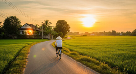 Fototapeta premium Cycling through Rice Fields at Sunset Serene Rural Scene