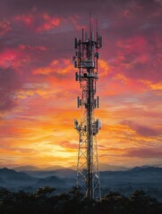 a cell phone tower stands tall against a beautiful sunset backdrop