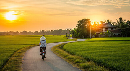 Obraz premium Woman Cycling Through Rice Fields at Sunset Rural Scenery
