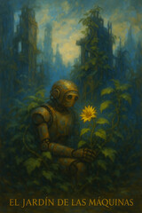 Fototapeta premium Robot observing a sunflower in natural forest environment