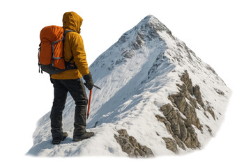 Mountaineer standing on snow-covered mountain ridge looking towards challenging rocky peak, winter adventure