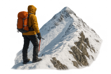 Mountaineer standing on snow-covered mountain ridge looking towards challenging rocky peak, winter adventure