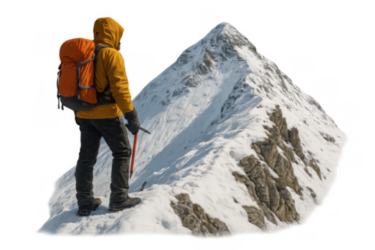 Mountaineer standing on snow-covered mountain ridge looking towards challenging rocky peak, winter adventure