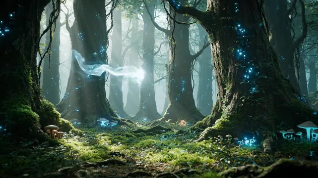 A subtle translucent wisp of a magical entity gently drifts through an ancient, softly lit mystical forest with ethereal light beams filtering through the trees mystical forest, woodland, calm